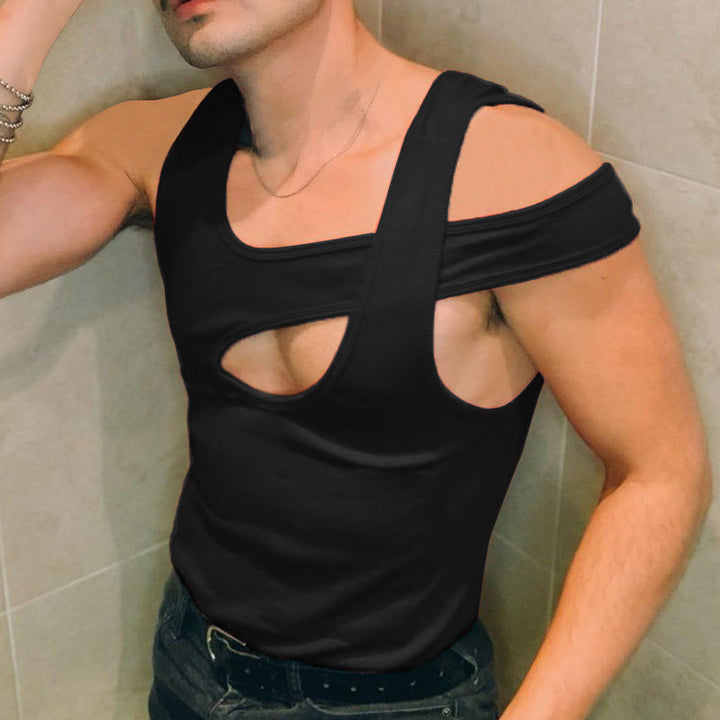 Herren nan asymmetrisches ärmelloses Tanktop mit ausgeschnittenem Einsatz aus Baumwoll-Elasthan Drune