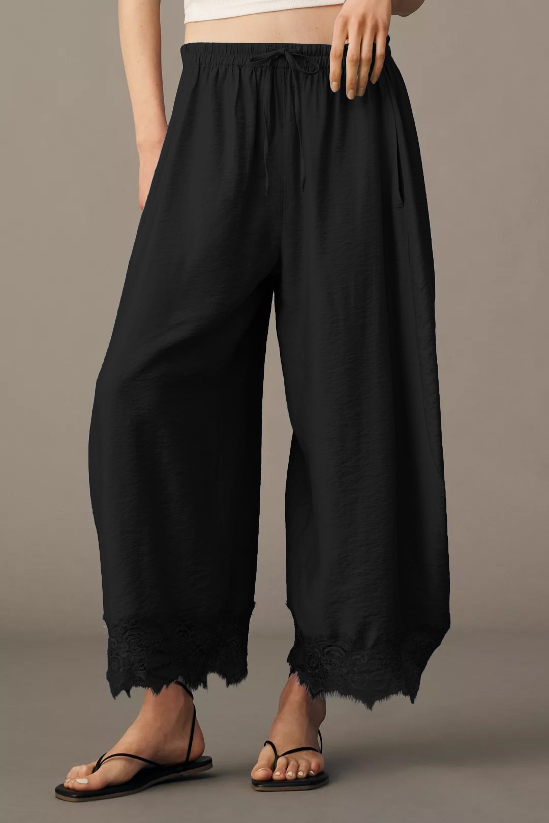 Damen Weite Palazzo-Hose mit elastischem Tunnelzugbund und Spitzenbesatz Drune