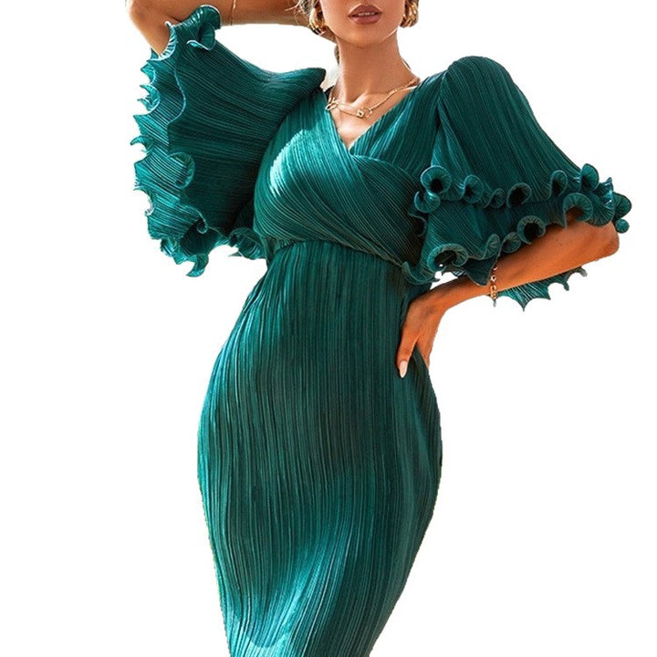 Damen elegantes Wickelkleid mit Volantärmeln Drune
