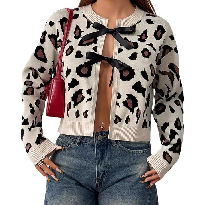 Damen Stilvolle Leopardenstrickjacke mit Bindebändern Drune