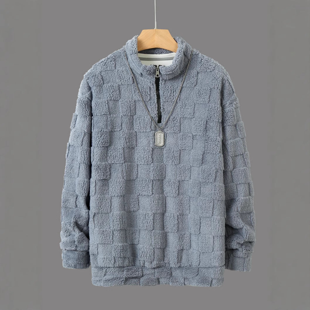 Herren karierter Sherpa-Halbzip-Pullover mit hohem Stehkragen und weicher Teddy-Fleece-Qualität Drune