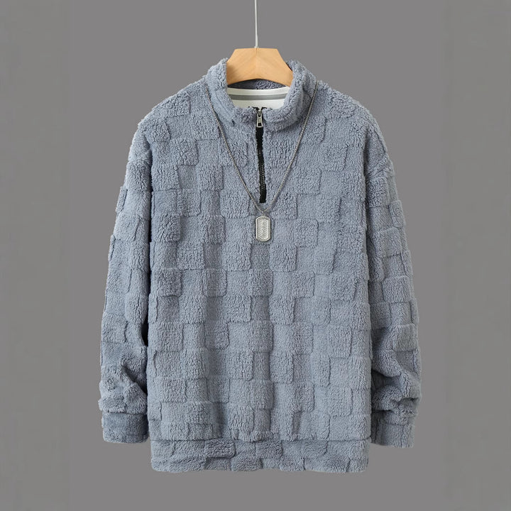 Herren karierter Sherpa-Halbzip-Pullover mit hohem Stehkragen und weicher Teddy-Fleece-Qualität Drune
