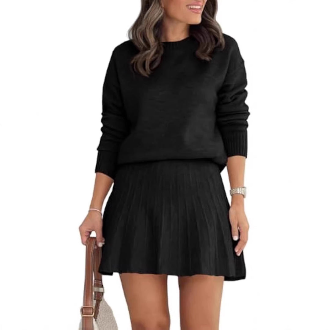 Damen Zweiteiliges Strick-Set mit Rundhals-Pullover und Plissée-Minirock Drune