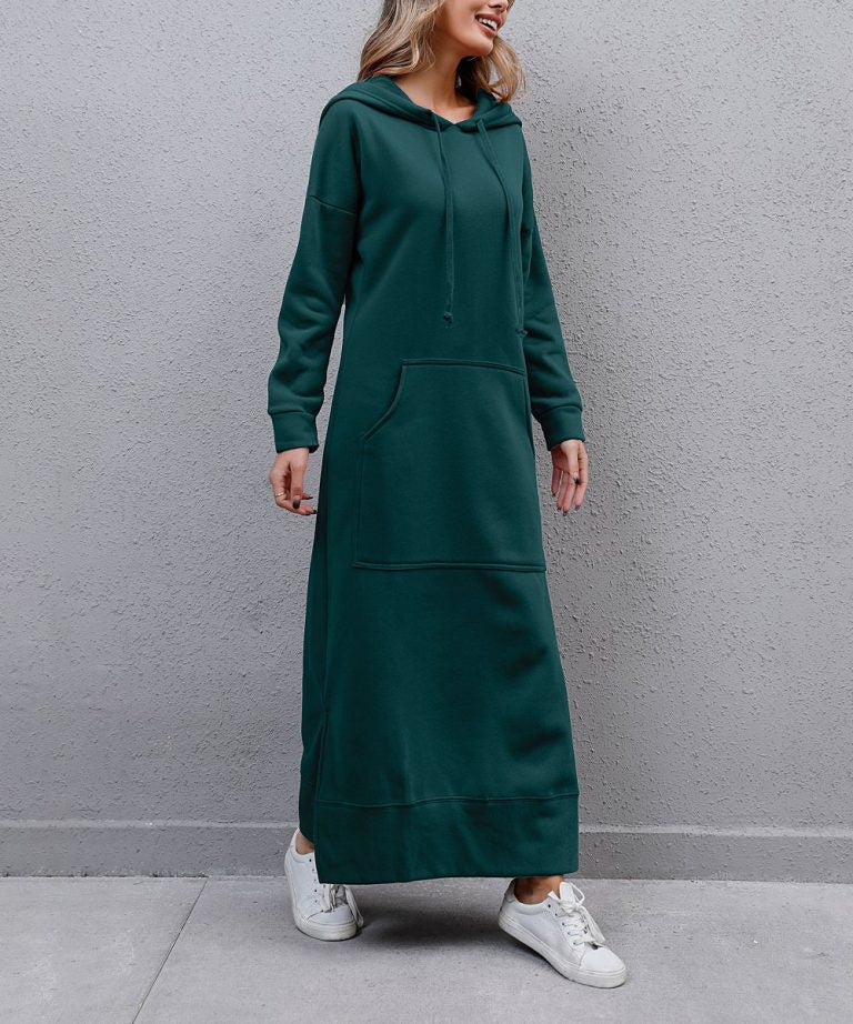 Damen nan langes Kapuzen-Sweatkleid mit Kängurutasche, Seitenschlitzen und lockerer Oversize-Passform Drune