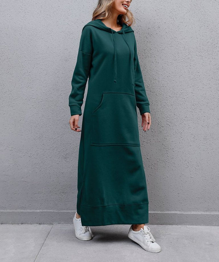 Damen nan langes Kapuzen-Sweatkleid mit Kängurutasche, Seitenschlitzen und lockerer Oversize-Passform Drune