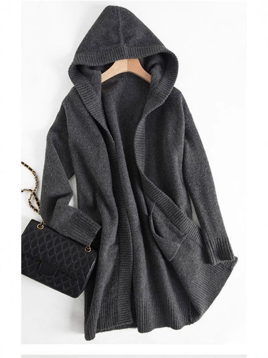 Damen Oversize Kapuzencardigan im Kaschmir‑Look mit offenem Fall und breiter Rippe Drune