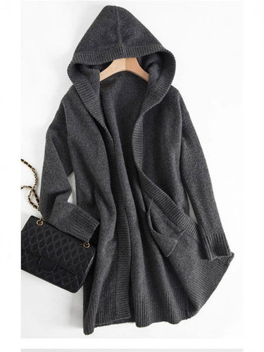 Damen Oversize Kapuzencardigan im Kaschmir‑Look mit offenem Fall und breiter Rippe Drune