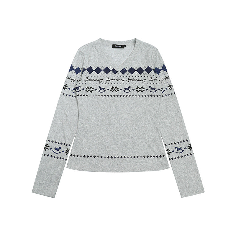 Damen Langarmshirt mit V-Ausschnitt und skandinavischem Norwegerprint aus Baumwollmix Drune