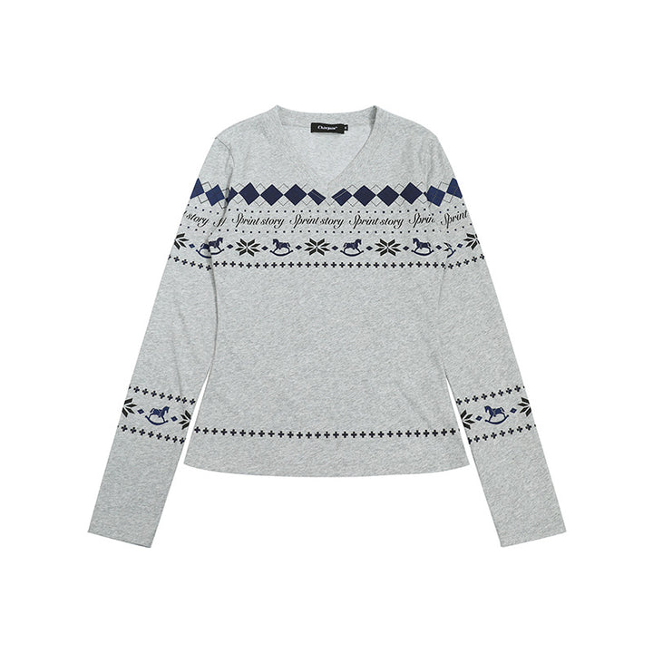 Damen Langarmshirt mit V-Ausschnitt und skandinavischem Norwegerprint aus Baumwollmix Drune