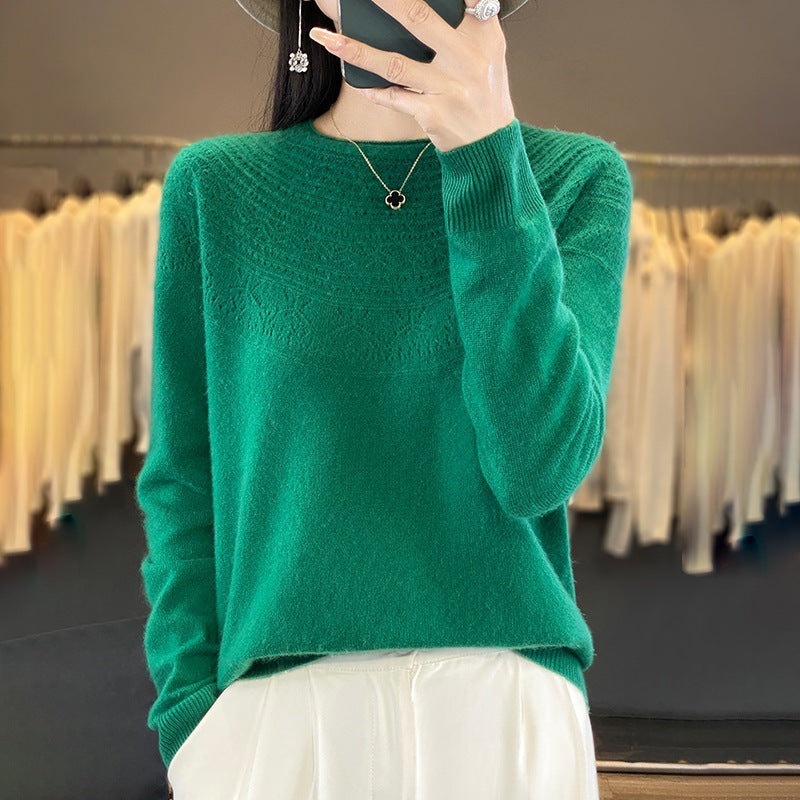 Damen Weicher Ajour‑Yoke Rundhalspullover in Kaschmir‑Optik Feinstrick Drune
