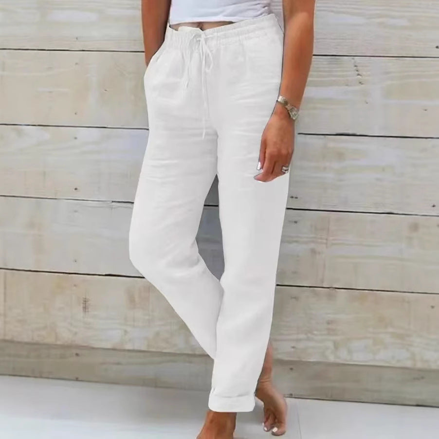 Damen nan lässige Leinenhose mit elastischem Bund Kordelzug und Seitentaschen Drune