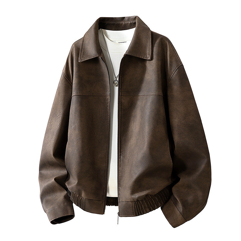 Herren Oversize Utility-Bomberjacke aus Kunstleder mit geripptem Saum und Hemdkragen Drune