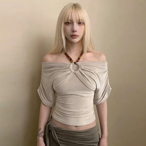 Damen Off-Shoulder Oberteil mit voluminösen Ärmeln und Dekorativem Knoten Drune