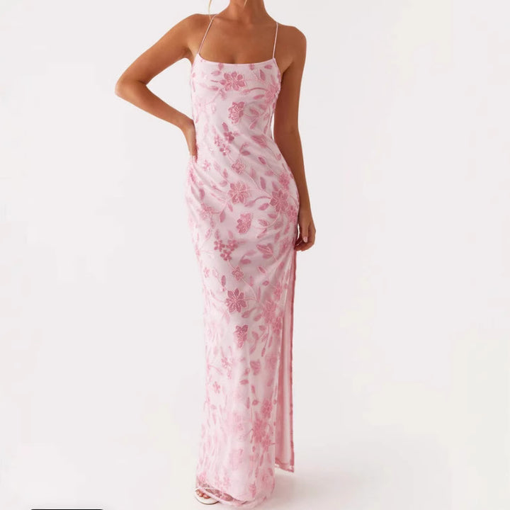 Damen Couture Maxikleid mit floralem Smock-Design und verführerischem Rücken Drune