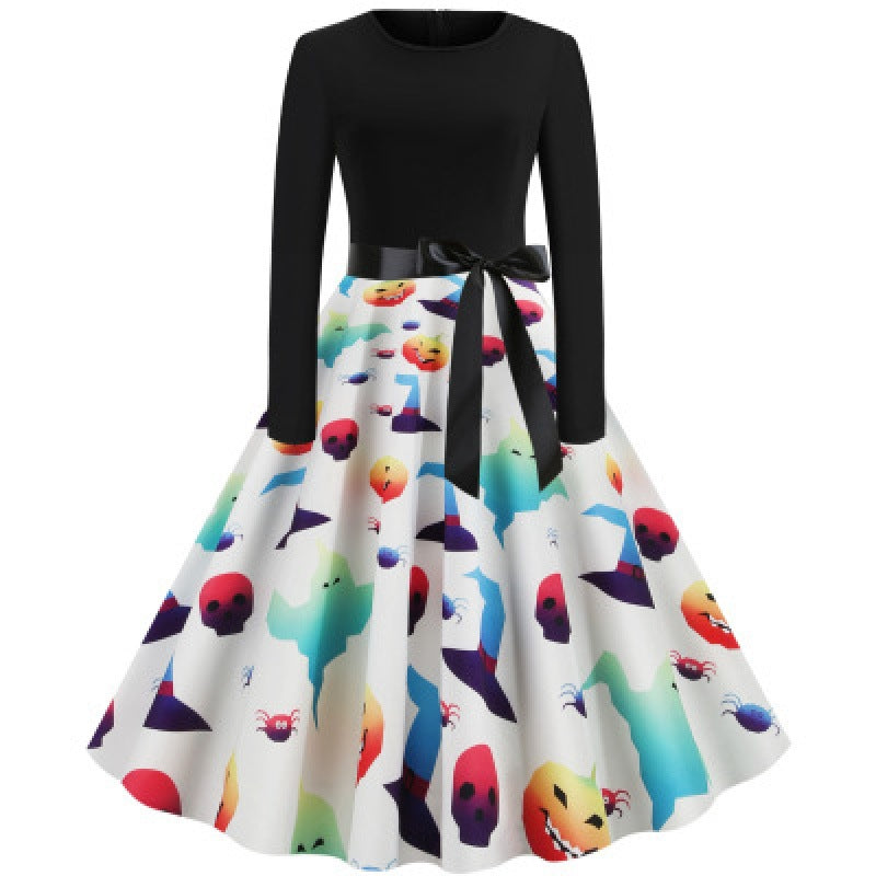 Damen Vintage Swingkleid mit Kürbisprint, langärmlig und taillierter Satinschleife Drune