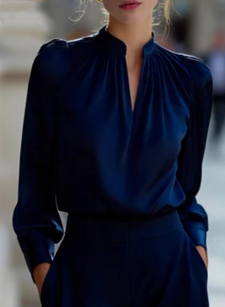 Damen Elegante Bluse mit Stehkragen und Bouffant-Ärmeln Drune