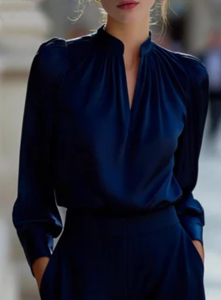 Damen Elegante Bluse mit Stehkragen und Bouffant-Ärmeln Drune