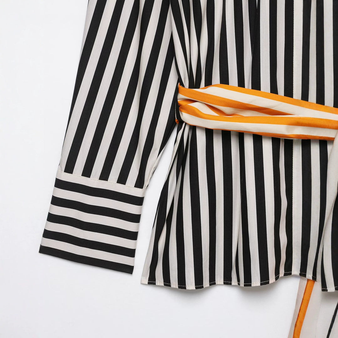 Damen Hemdblusen‑Kleid mit vertikalen Streifen und markantem Schleifengürtel Drune