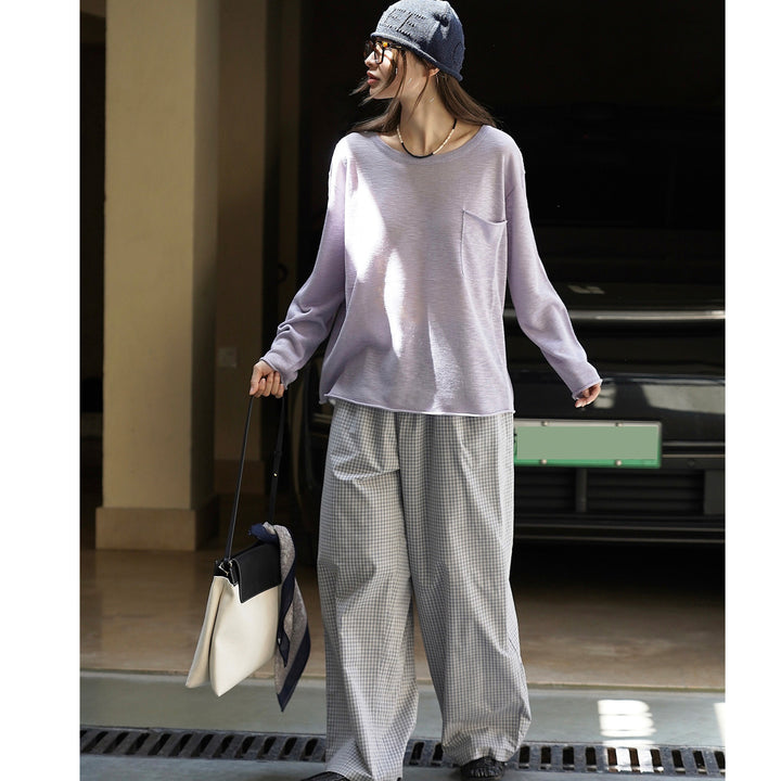 Damen Weites leichtes Feinstrick-Longsleeve mit Brusttasche und Rundhalsausschnitt Drune