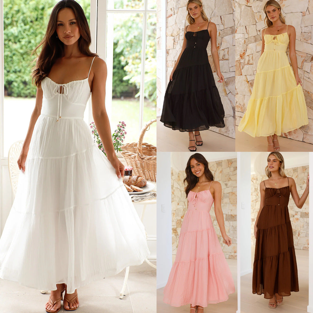 Damen Boho-Chic Maxikleid mit verstellbaren Spaghettiträgern und voluminösem Rock Drune
