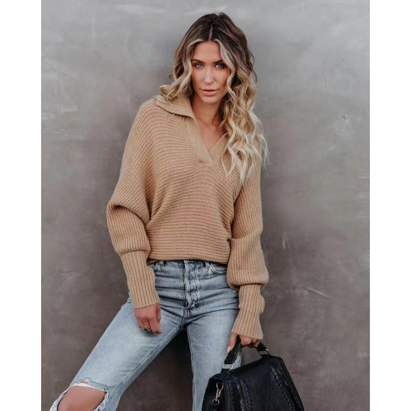 Damen modischer Pullover mit weitem Kragen und Rippstruktur Drune