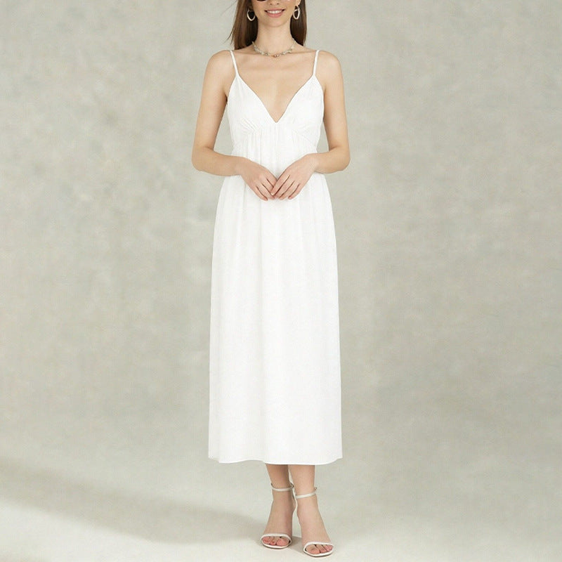 Damen Maxikleid mit tiefem V-Ausschnitt und fließendem Rock Drune