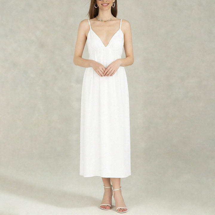 Damen Maxikleid mit tiefem V-Ausschnitt und fließendem Rock Drune