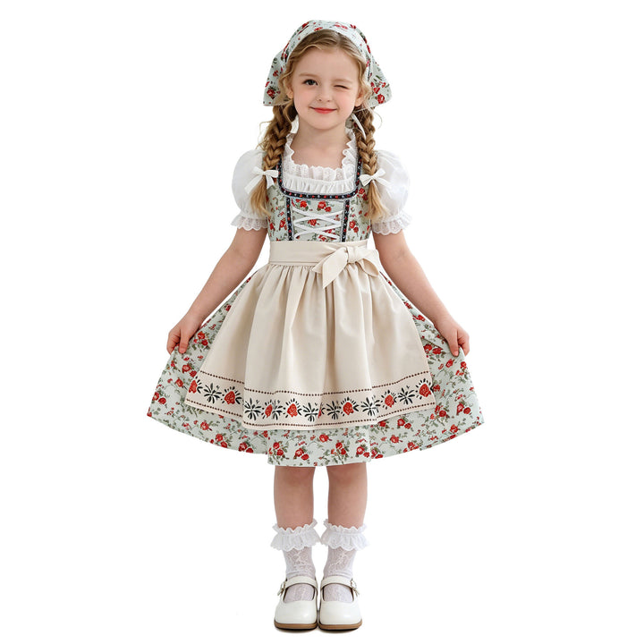 Damen nan Kinderdirndl Trachtenkleid mit Spitzenbluse Schürze und Kopftuch Drune
