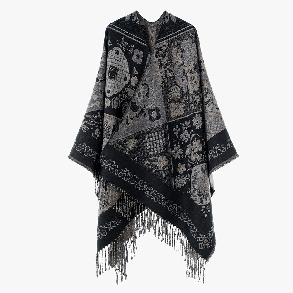 Damen Jacquard-Poncho mit Boho-Patchwork-Muster und Fransensaum Drune