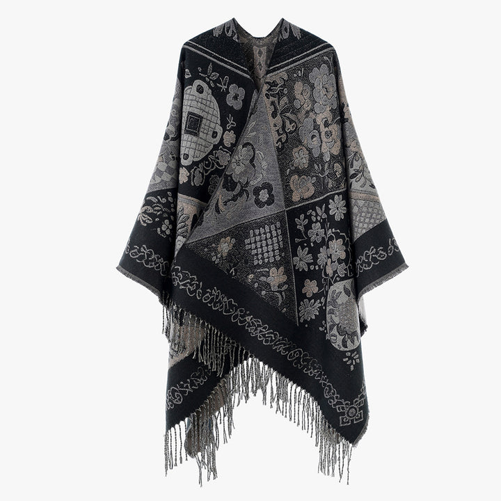 Damen Jacquard-Poncho mit Boho-Patchwork-Muster und Fransensaum Drune