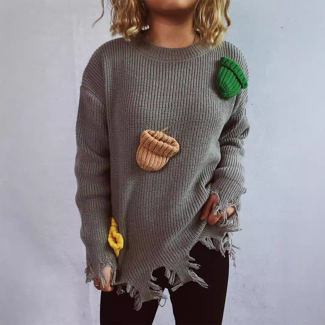 Damen lässiger Oversize-Pullover mit fransigen Details und bunten Applikationen Drune