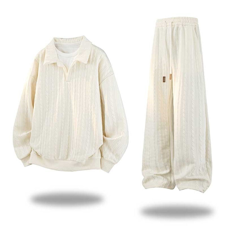 Herren Oversize Strukturiertes Lounge‑Set mit Polokragen, Zopfmuster‑Optik & weitem Bein Drune