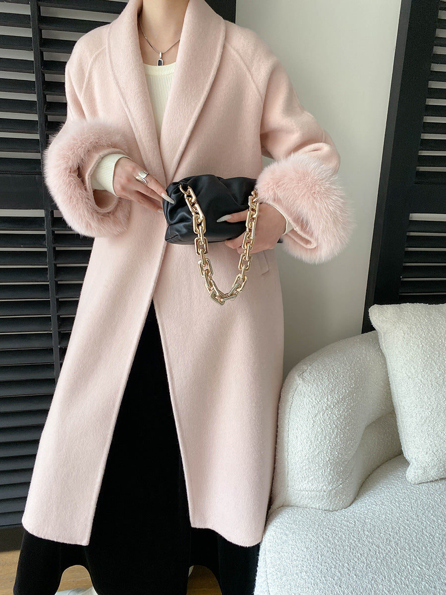Damen eleganter Langmantel mit samtigen Abschlüssen und großzügigem Schnitt Drune