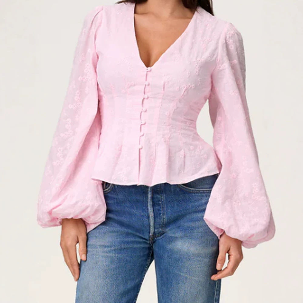 Damen Jacquard-Spitzenbluse mit tailliertem Schößchen und Ballonärmeln Drune
