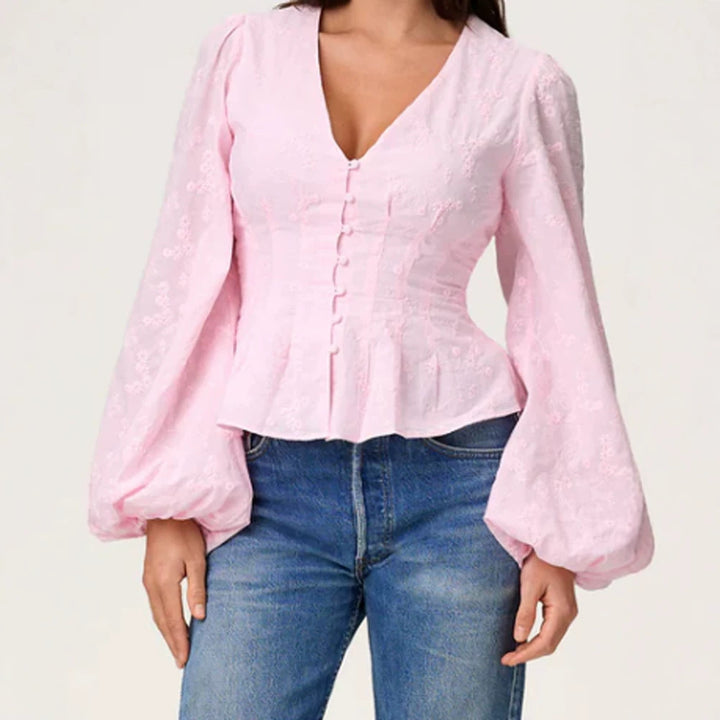 Damen Jacquard-Spitzenbluse mit tailliertem Schößchen und Ballonärmeln Drune