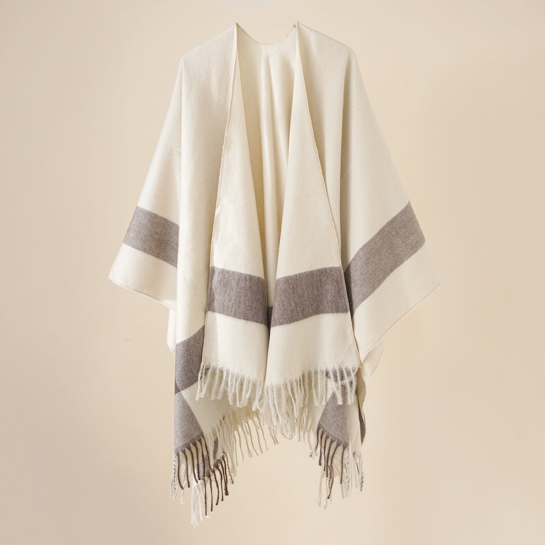 Damen Wollmix‑Schulterponcho mit Fransensaum und kontrastierenden Blockstreifen Drune