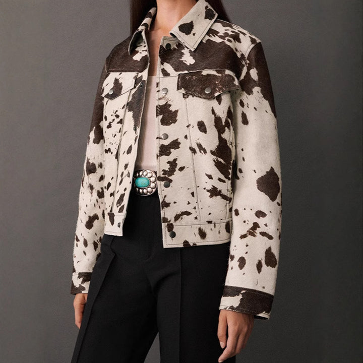 Damen modische Lammfelljacke mit auffälligem Tiermotiv Drune