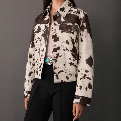 Damen modische Lammfelljacke mit auffälligem Tiermotiv Drune