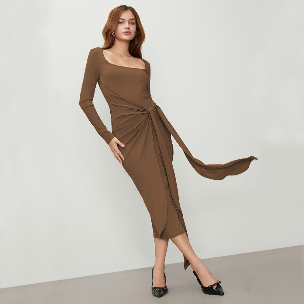 Damen gerafftes Maxikleid mit asymmetrischem Ausschnitt und drapierter Knotendrapierung Drune
