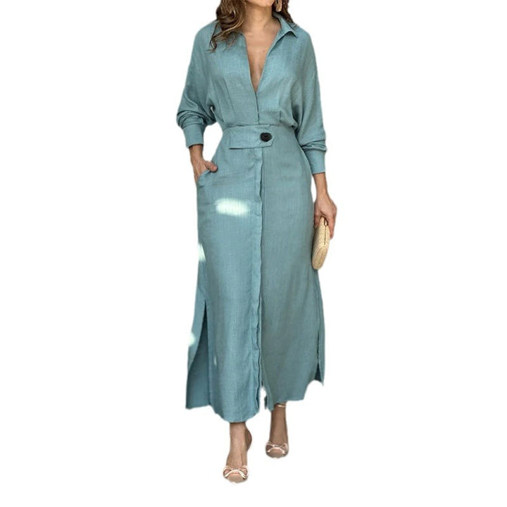 Damen Maxikleid mit elegantem V-Ausschnitt und Gürtel Drune