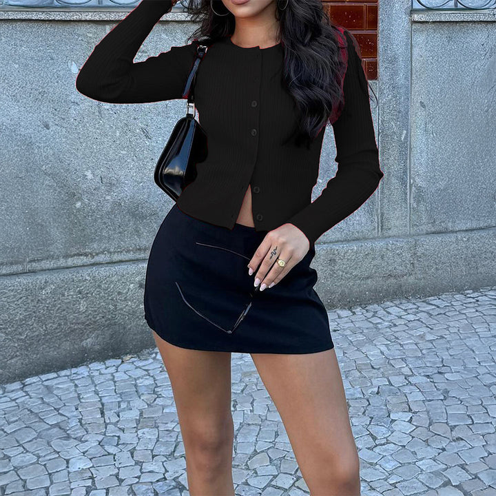 Damen nan kurze gerippte Knopfstrickjacke mit Rundhalsausschnitt, taillierter Passform und Stretchanteil Drune