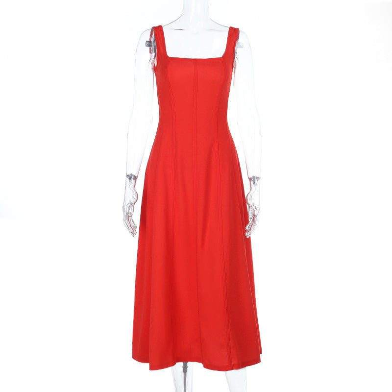 Damen elegantes Maxikleid mit quadratischem Ausschnitt und fließendem Rock Drune