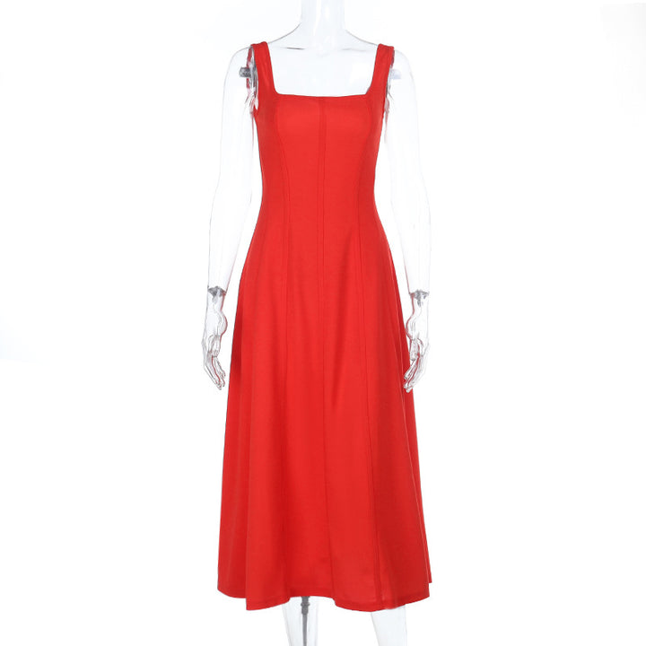 Damen elegantes Maxikleid mit quadratischem Ausschnitt und fließendem Rock Drune