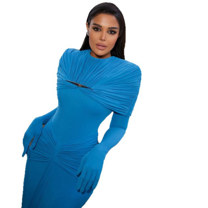 Damen Elegantes figurbetontes Abendkleid mit plissiertem Schalkragen und integrierten Armstulpen Drune