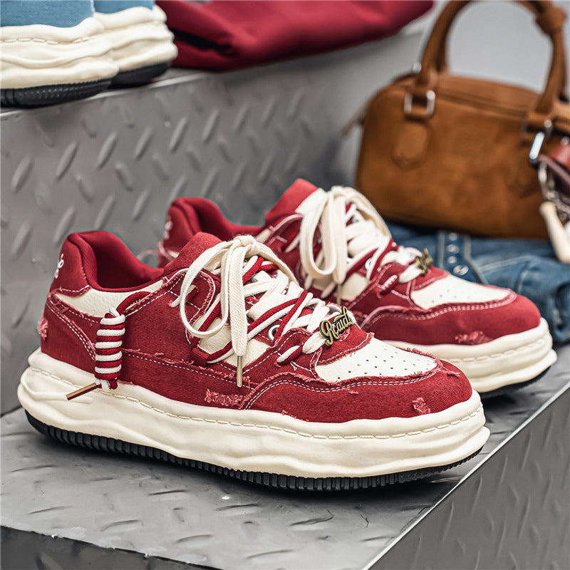 Damen denim-Plateau-Sneaker mit kontrastnähten, wattierter Wellenlaufsohle und verzierten Schnürdetails Drune
