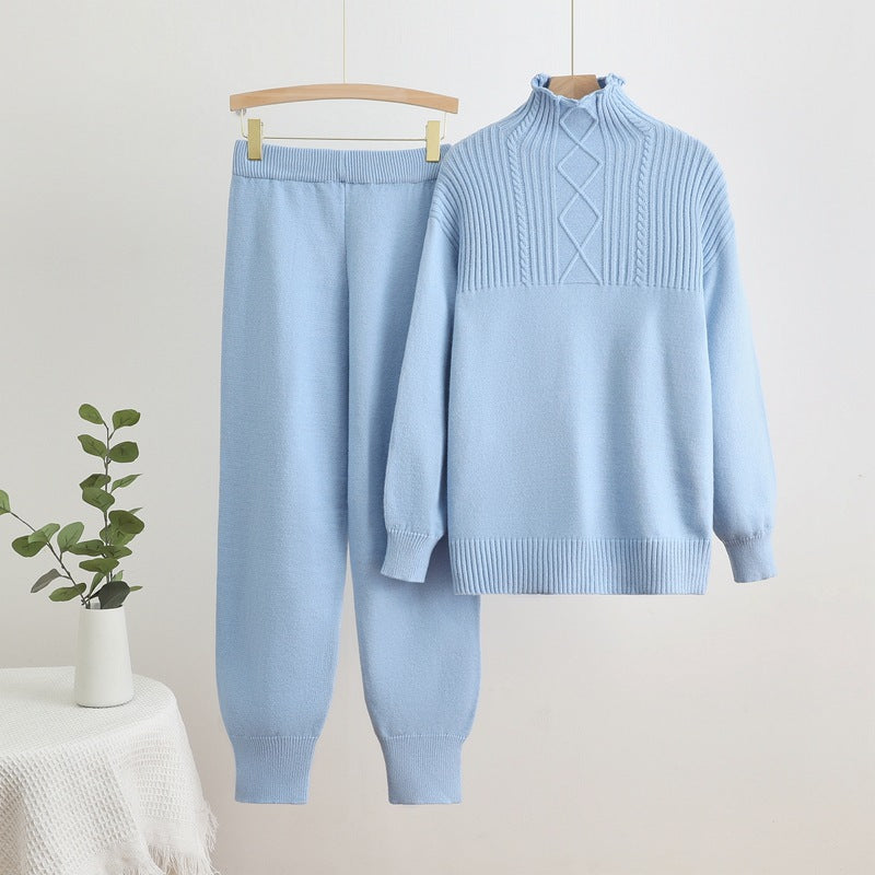 Damen gemütliches Strick-Loungewear-Set mit hohem Kragen und Rippstruktur Drune