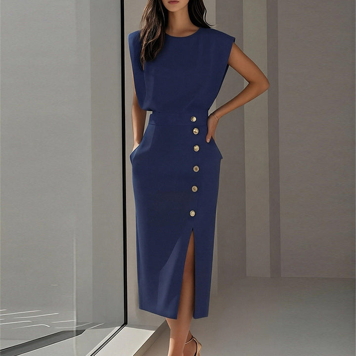 Damen Elegantes Midi-Kleid mit Knopfdetails und Seitenschlitz Drune