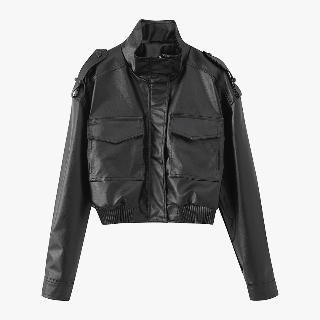 Damen Kurz geschnittene Blousonjacke aus Veganleder mit Schulterklappen und Pattentaschen Drune