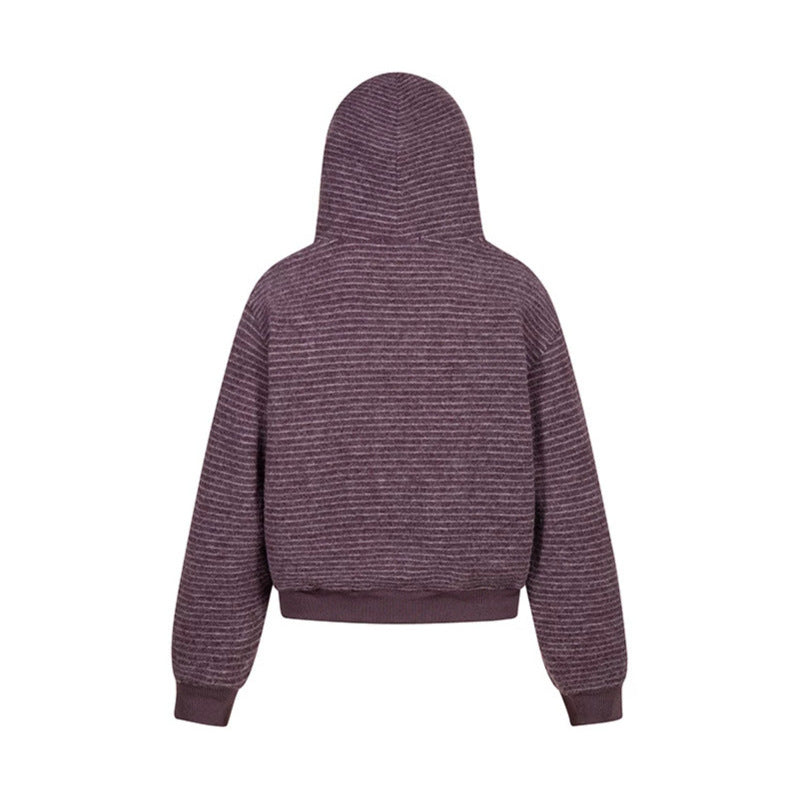 Damen Kurz geschnittene Kapuzen‑Zipjacke mit horizontalem Streifenrelief und elastischem Bund Drune