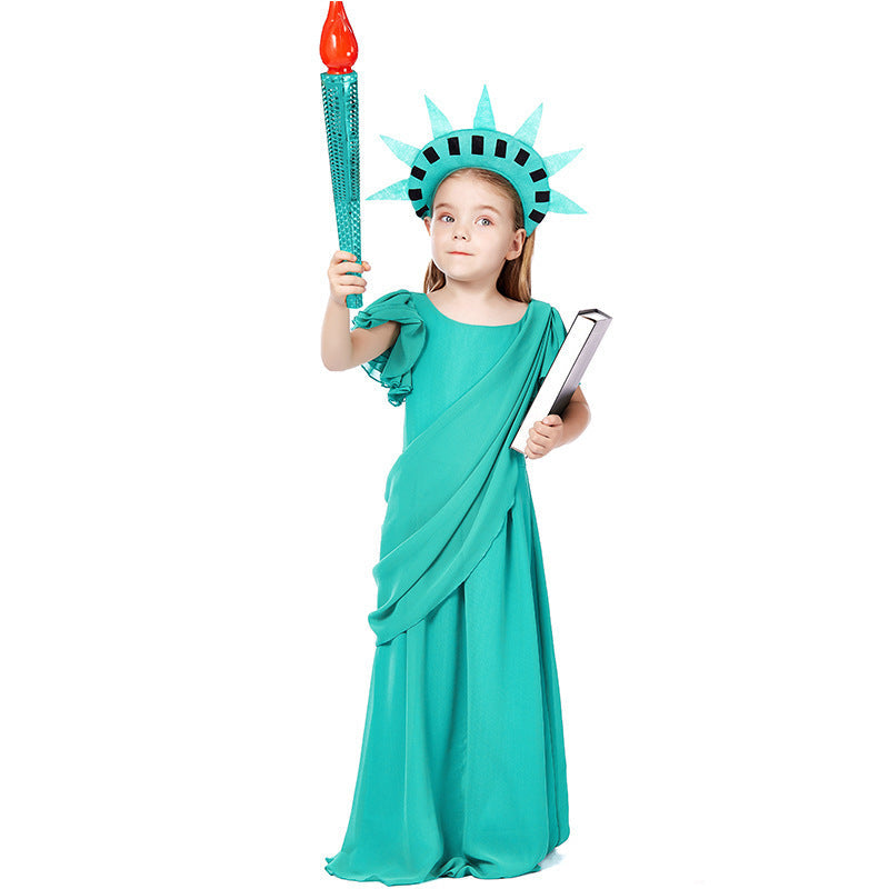 Mädchen Kostüm als Freiheitsstatue mit elegantem Kleid und Accessoires Drune